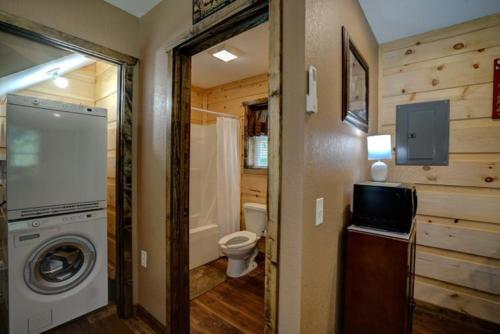 a bathroom with a washing machine and a toilet at Dragon's Nest Cabin with Mountain Views in Robbinsville