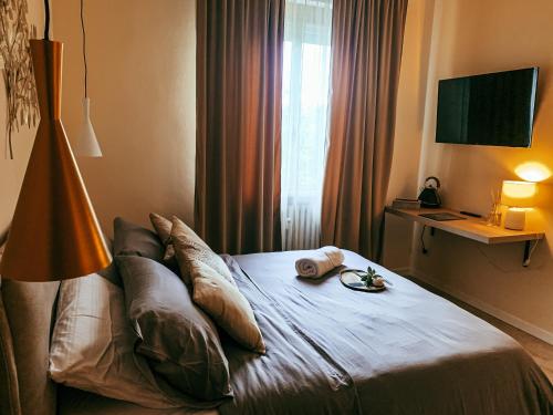 a bedroom with a bed with pillows and a window at B&B SALUS CIVICO 23 in Reggio Emilia