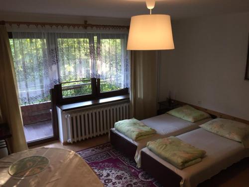 a bedroom with two beds and a table and windows at Agropensjonat Tramp z góralskim spa in Żabnica