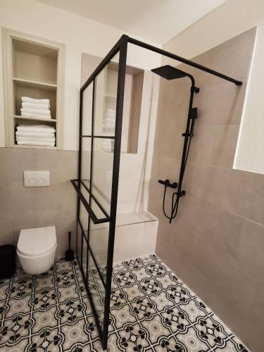 a bathroom with a toilet and a glass shower at Quedlinburg Marktplatz-Suites in Quedlinburg