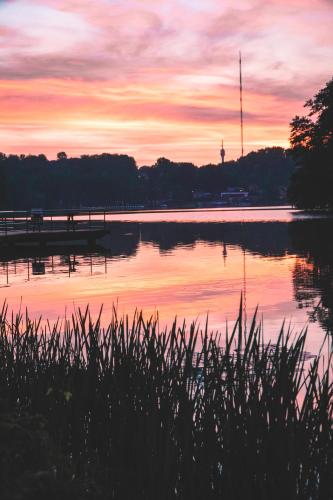 a sunset over a lake with a wooden pier at Lake Park Łagów in Łagów