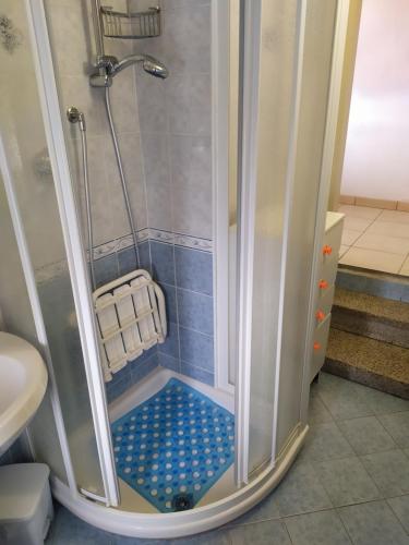 a bathroom with a shower with a blue tiled floor at Appartamento Gianna in Porto Valtravaglia