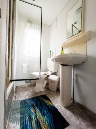 a bathroom with a sink and a toilet and a mirror at Camping Zvejnieksēta in Pāvilosta