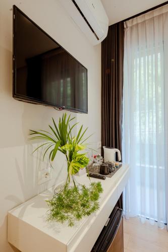 a white counter with plants on it with a tv on the wall at Rea Boutique Hotel in Himare