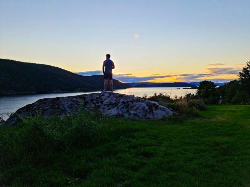 a man standing on a rock near a body of water at Funky cabin with a panoramic view of the Oslofjord in Nordre Frogn