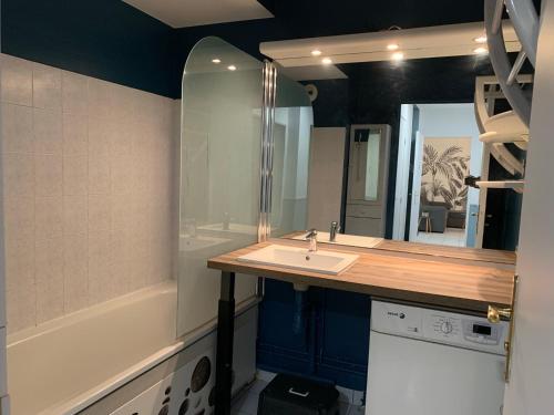 une salle de bain avec un lavabo et une baignoire dans l'établissement Disney, sunny comfortable 2 bedrooms family apartment, 8 pers, wifi, NETFLIX, à Chessy