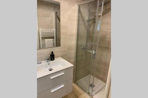 a bathroom with a sink and a glass shower at Casita El Acebo in Cercedilla