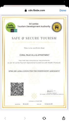 Certifikát, hodnocení, plakát nebo jiný dokument vystavený v ubytování Coral Palm Villa and Apartment