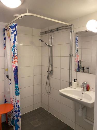 uma casa de banho com um chuveiro e um lavatório. em Helsingborgs Vandrarhem, Helsingborg Hostel em Helsingborg