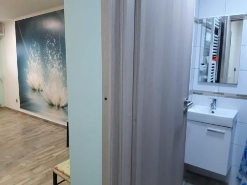een badkamer met een wastafel en een spiegel bij GRÉTA APARTMAN A BALATONNÁL,CSOPAKON!!! in Csopak