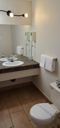 a bathroom with a sink and a toilet and a mirror at Motel Falcon in Brossard
