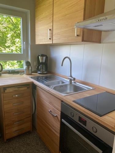 a kitchen with a sink and a stove at Apartment Schlierseeblick - ruhig mit tollem See- und Bergblick in Schliersee