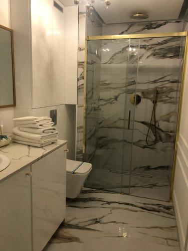 a bathroom with a glass shower and a toilet at Oliva Enjoy the Harmony in Gdańsk