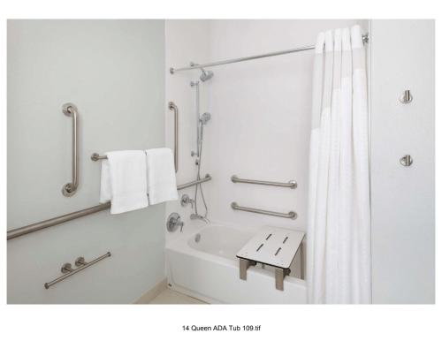 a bathroom with a shower and a white shower curtain at Holiday Inn Express & Suites Colorado Springs-Airport, an IHG Hotel in Colorado Springs