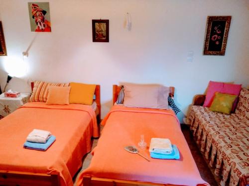 a room with two beds and a couch at Ellina's Home - Euboea island Greece in Oxílithos