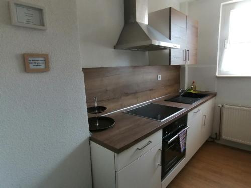 eine Küche mit einer Spüle und einem Herd Top-Backofen in der Unterkunft Ferienwohnung achtpunkt2 in Oberhausen