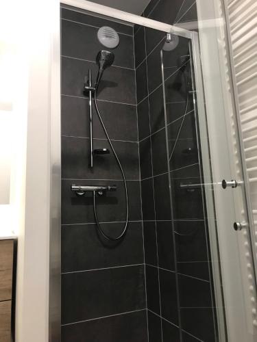une douche avec pommeau de douche dans une salle de bain dans l'établissement la providence, à Annecy
