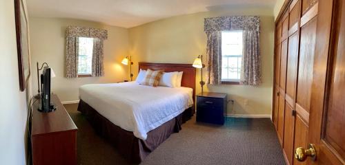 a bedroom with a large bed and two windows at The Central Downtown Inn Suites in Pittsfield