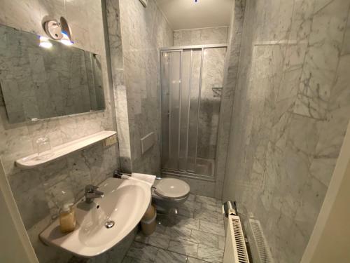 a bathroom with a sink and a shower and a toilet at Passage 84 - Hotel & Café in Heilbad Heiligenstadt
