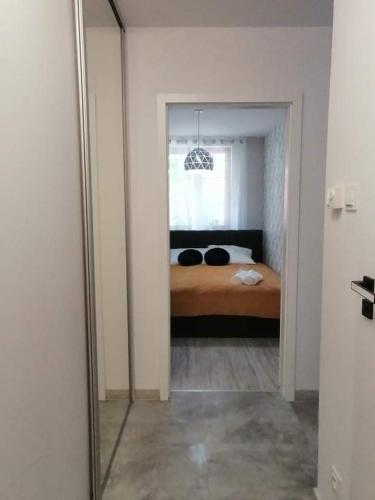 a bedroom with a bed and a mirror in a room at Nowoczesny Apartament Nad Łomnicą in Karpacz