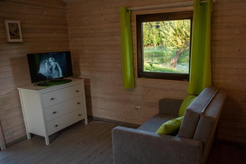 a living room with a couch and a tv and a window at Stacja Wygoda in Lubiszewo