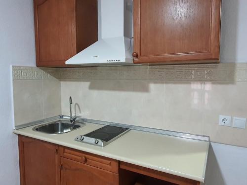 um balcão de cozinha com um lavatório e um micro-ondas em Apartamento PUERTO em Mazagón