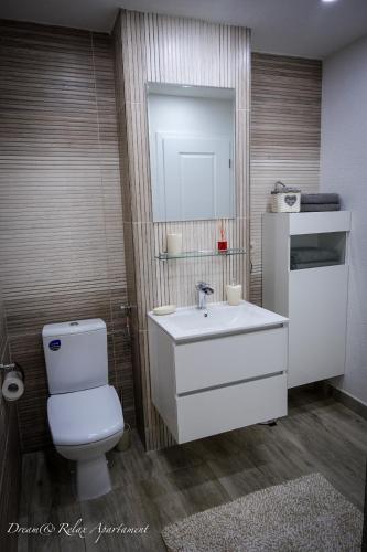 a bathroom with a toilet and a sink and a mirror at Dream&Relax Apartament Cazare Lupeni-Straja in Lupeni