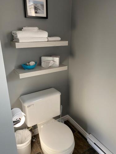 a bathroom with a white toilet and some towels at Motel Glenn in Perce