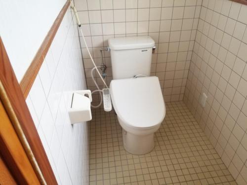 ein Badezimmer mit einem weißen WC in einer Kabine in der Unterkunft コンドミニアム海のまんまえ荘 in Kangoji
