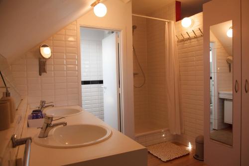 La salle de bains est pourvue d'un lavabo et d'une douche. dans l'établissement Guest House Les 3 Tilleuls, à Bruxelles