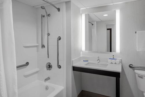 uma casa de banho branca com um lavatório e um chuveiro em Holiday Inn Express & Suites Asheville SW - Outlet Ctr Area, an IHG Hotel em Asheville