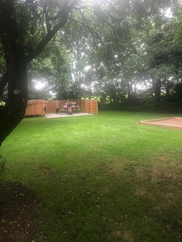 a yard with a green lawn with a table in it at Familiehuis Boysen Shelters in Ribe