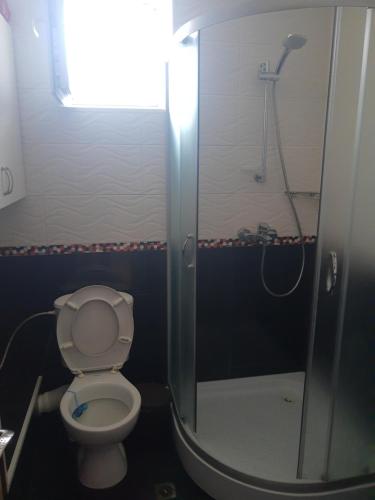 a bathroom with a toilet and a shower at Апартамент Стил in Velingrad