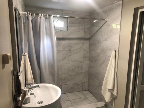 W łazience znajduje się prysznic i umywalka. w obiekcie КОКОН дом под ключ w mieście Gagra