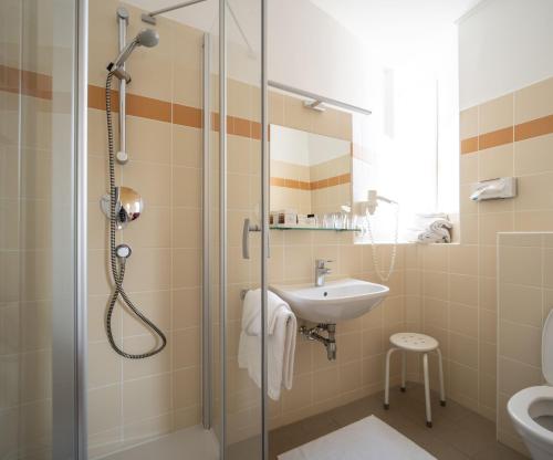 een badkamer met een douche en een wastafel bij Hotel Post Wien in Wenen