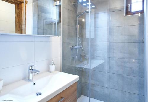 a bathroom with a shower and a sink and a mirror at Ferienwohnung Bergerlebnis Ötscher in Lackenhof