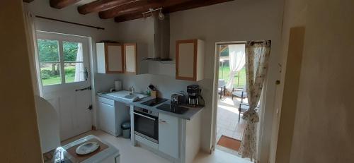 una piccola cucina con lavandino e piano cottura di La maison d'amis du moulin a La Chapelle-Viel