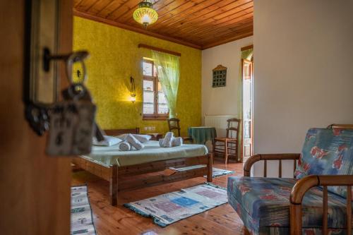 a living room with a bed and a couch at Hotel Faraggi in Tsepelovo