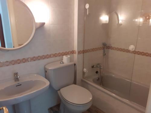 a bathroom with a toilet and a sink and a mirror at Apartament Ornis Mascarell Vista Alegre in Sant Carles de la Ràpita