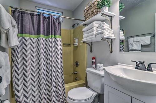 a bathroom with a sink and a toilet and a shower at Fire Pit and Community Perks Blakeslee Cottage! in Blakeslee