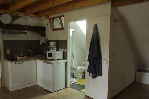 Il comprend une petite cuisine avec un lavabo et des toilettes. dans l'établissement Studio neuf proche d'Alençon et Le mans, à Lonrai