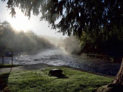 a misty river with the sun in the background at The Meetings B&B in Avoca