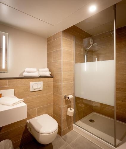une salle de bain avec toilettes et douche dans l'établissement ibis Styles Valenciennes Petite Foret, à Petite-Forêt