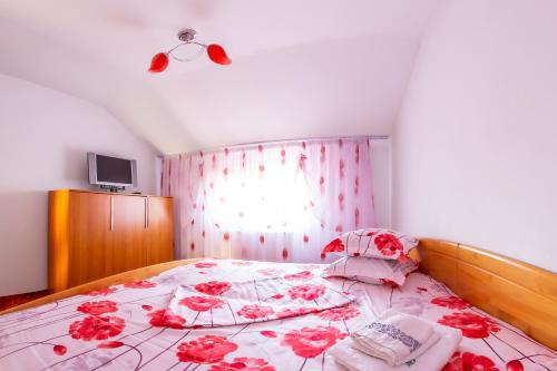 a bedroom with a bed with red flowers on it at Pensiunea Mariana in Baia de Fier