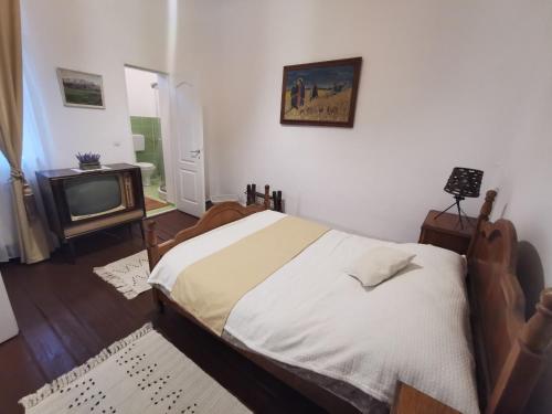 um quarto com uma cama e uma televisão em Medieval Apartment em Mediaş