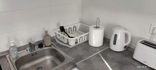 eine Küchentheke mit einer Spüle und Küchenutensilien in der Unterkunft Nyíl Apartmanház in Orfű