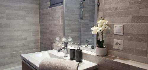 une salle de bain avec un lavabo et un vase de fleurs dans l'établissement Chez Mamita : appartement dans quartier calme., à Carcassonne