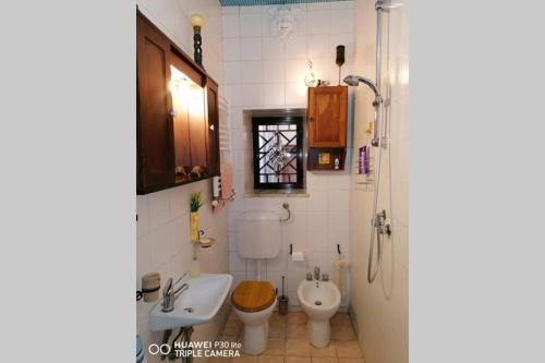 e bagno con lavandino, servizi igienici e doccia. di Comoda stanza con vista panoramica a Santa Domenica Talao