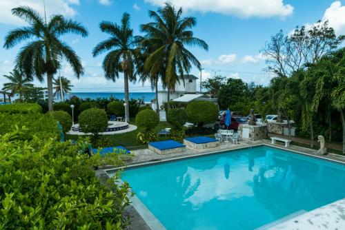a pool with palm trees and the ocean in the background at Villablanca Garden Beach Hotel in Cozumel