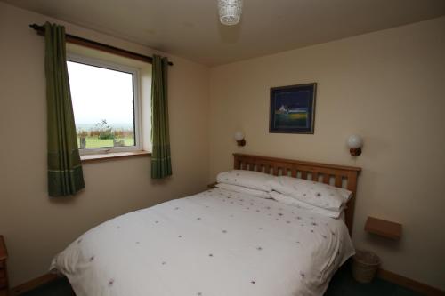 a bedroom with a white bed with a window at Taigh An Clachair in Lybster